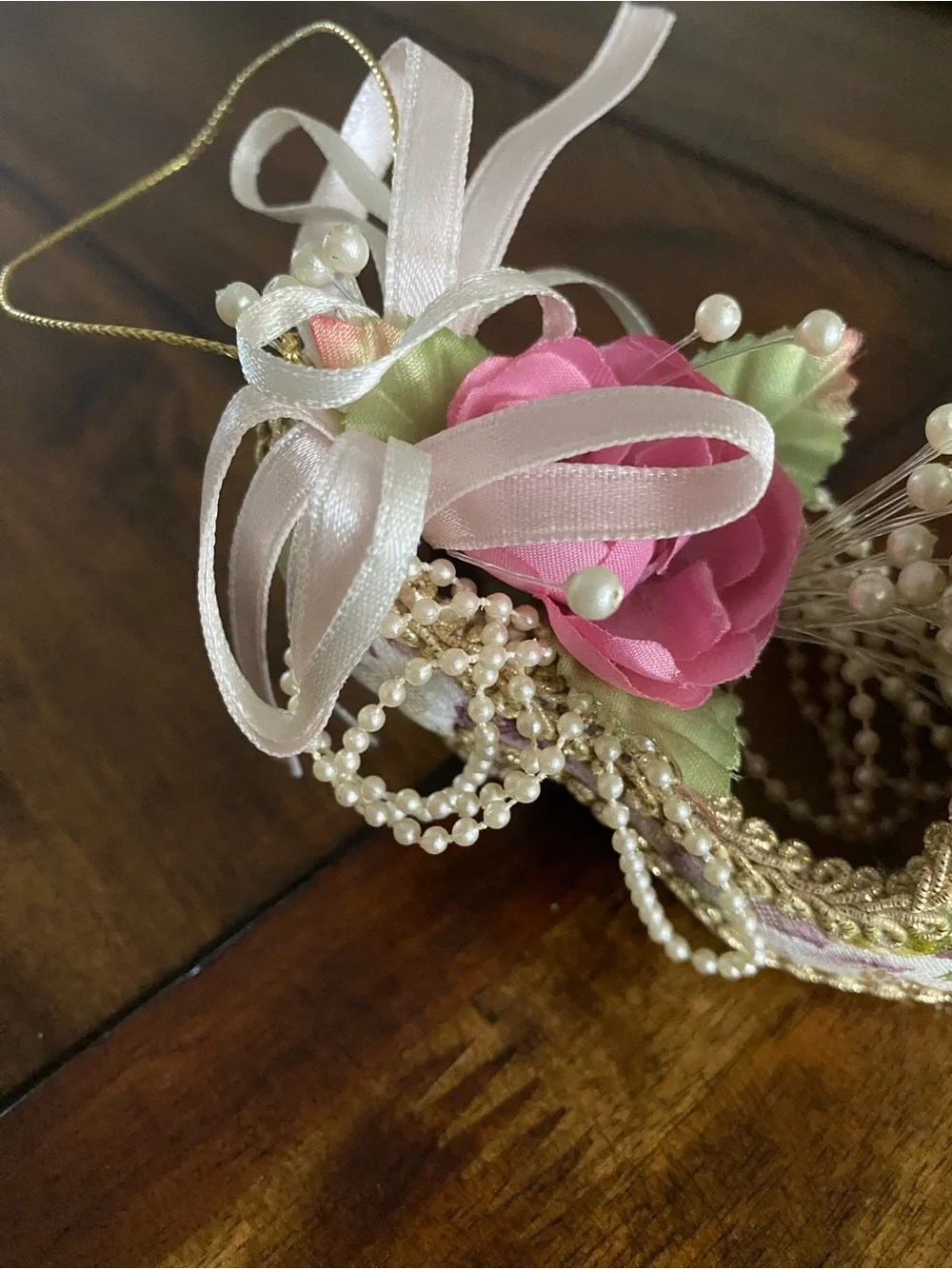 Vintage Victorian Style Decorative Shoe Ornament Pink Rose Floral Gold Trim